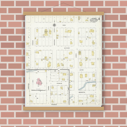 Old map wall art mockup — magnetic wood frame on brick wall — Sanborn Fire Insurance Map from Ashland, Cass County, Illinois (1909), Sheet #0004