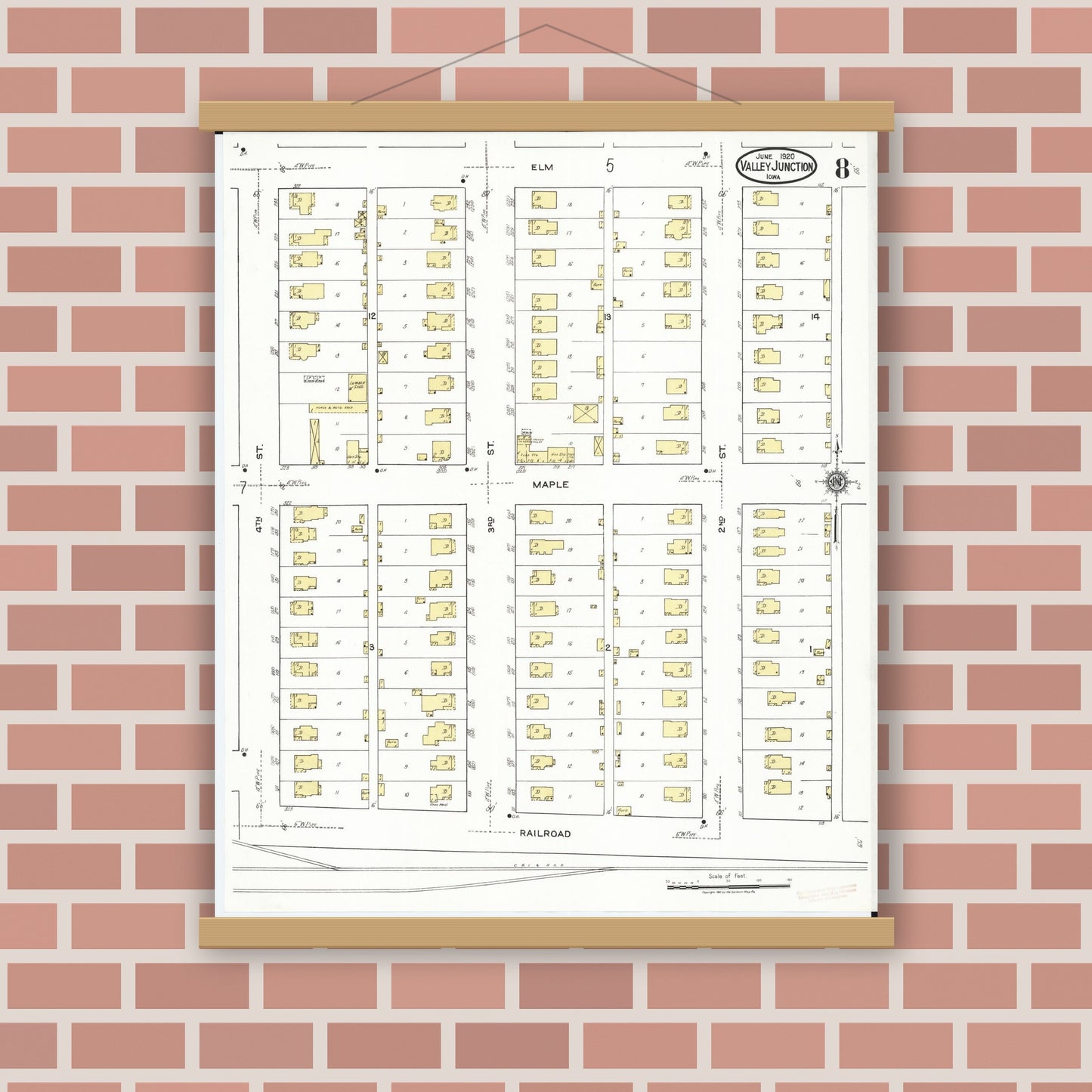 Old map wall art mockup — magnetic wood frame on brick wall — Sanborn Fire Insurance Map from Valley Junction, Polk County, Iowa (1920), Sheet #0008