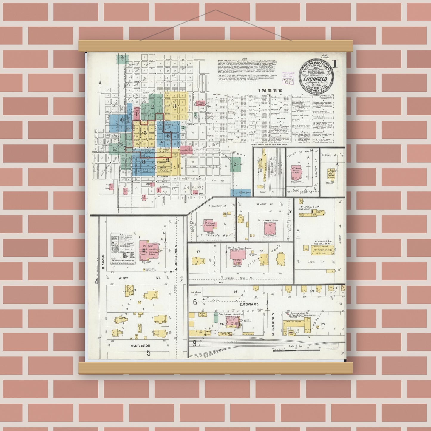 Old map wall art mockup — magnetic wood frame on brick wall — Sanborn Fire Insurance Map from Litchfield, Montgomery County, Illinois (1905), Sheet #0001