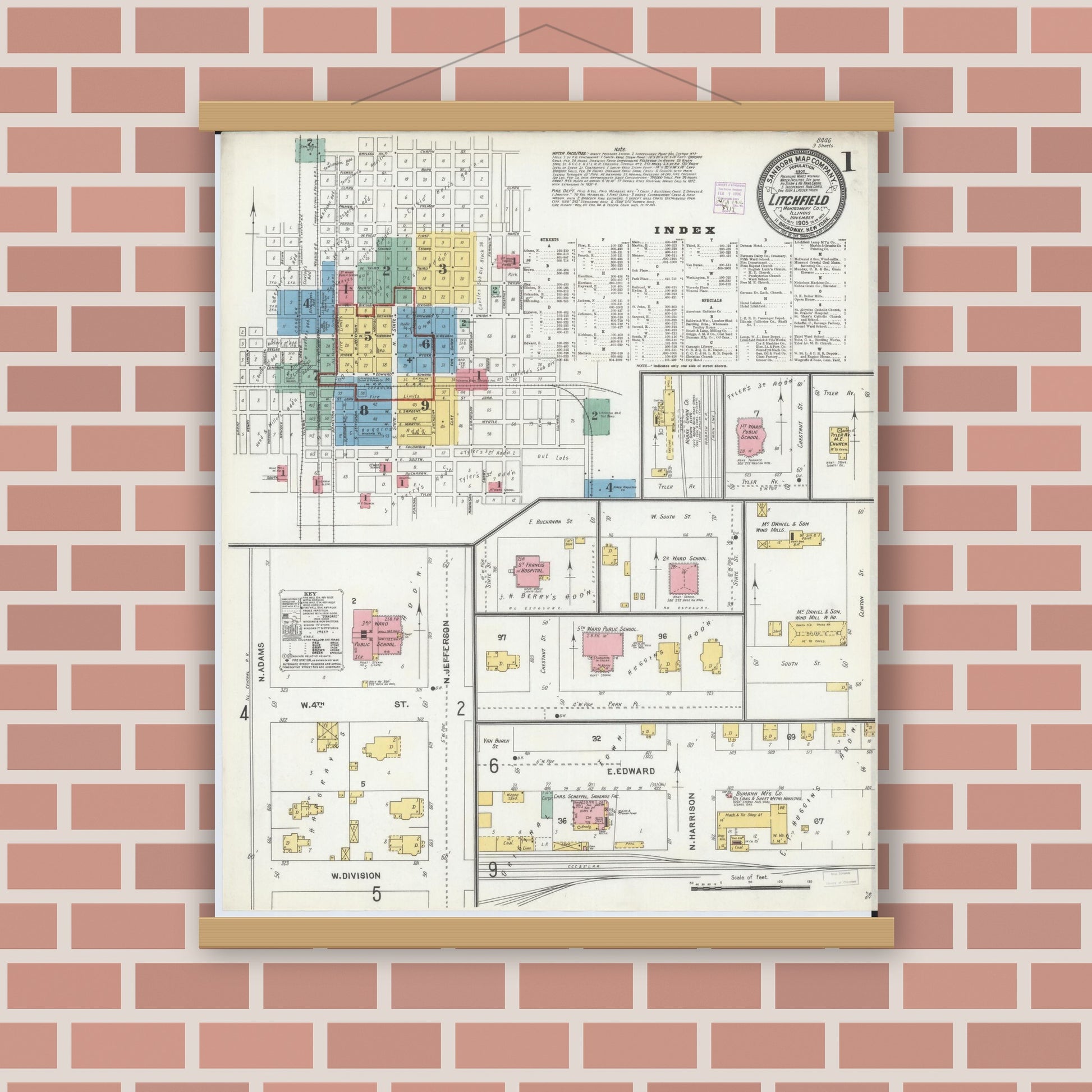 Old map wall art mockup — magnetic wood frame on brick wall — Sanborn Fire Insurance Map from Litchfield, Montgomery County, Illinois (1905), Sheet #0001