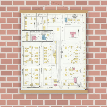 Old map wall art mockup — magnetic wood frame on brick wall — Sanborn Fire Insurance Map from Austin, Mower County, Minnesota (1917), Sheet #0012