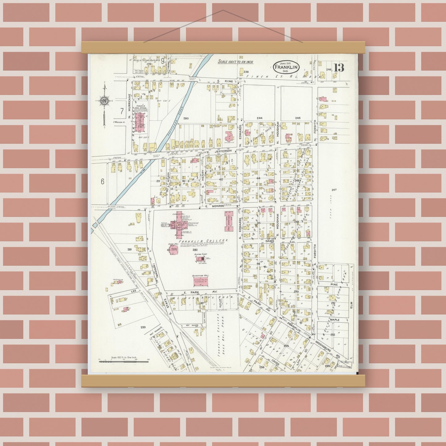 Old map wall art mockup — magnetic wood frame on brick wall — Sanborn Fire Insurance Map from Franklin, Johnson County, Indiana (1916), Sheet #0013
