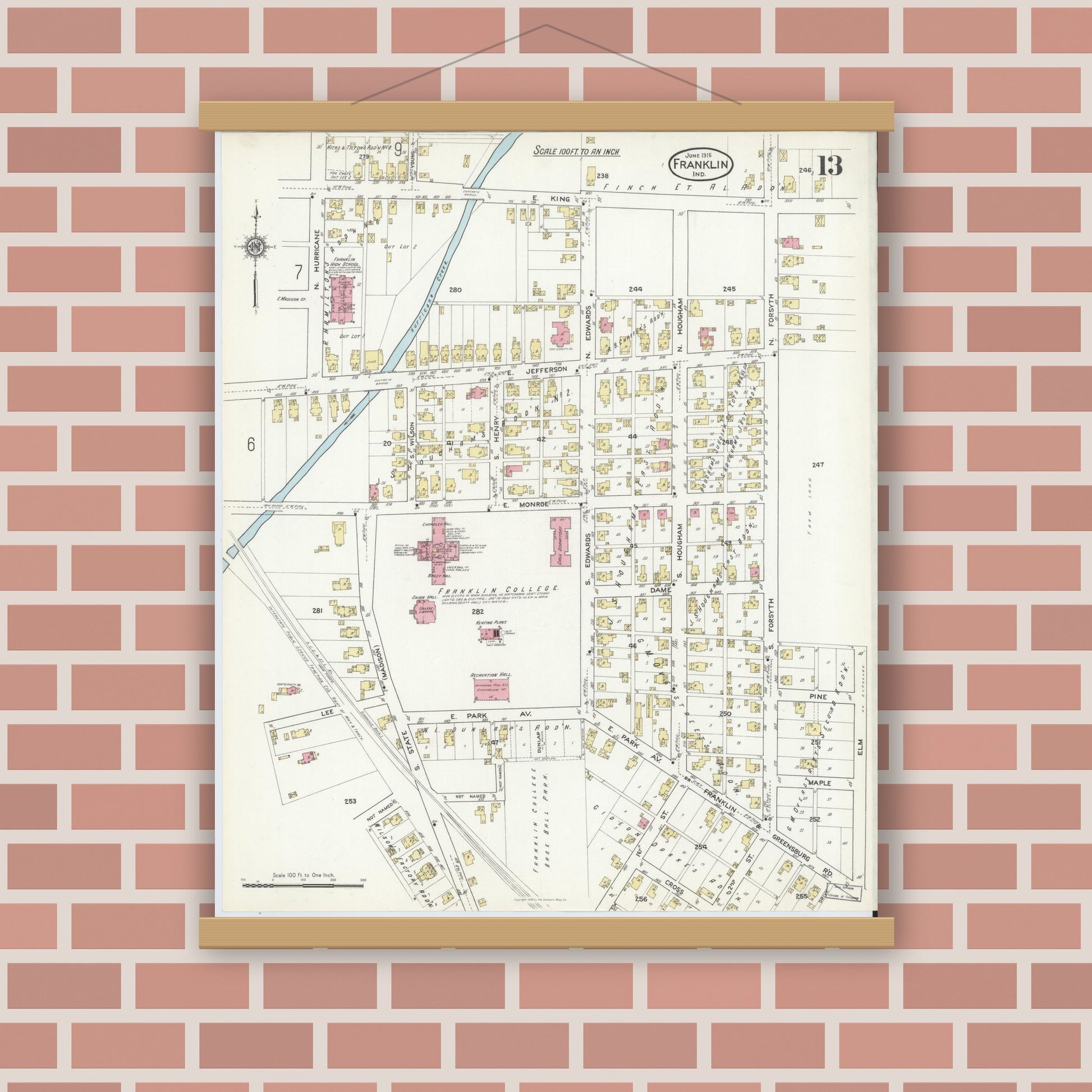 Old map wall art mockup — magnetic wood frame on brick wall — Sanborn Fire Insurance Map from Franklin, Johnson County, Indiana (1916), Sheet #0013