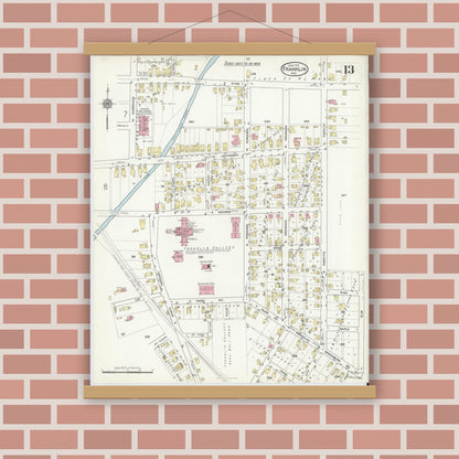 Old map wall art mockup — magnetic wood frame on brick wall — Sanborn Fire Insurance Map from Franklin, Johnson County, Indiana (1916), Sheet #0013