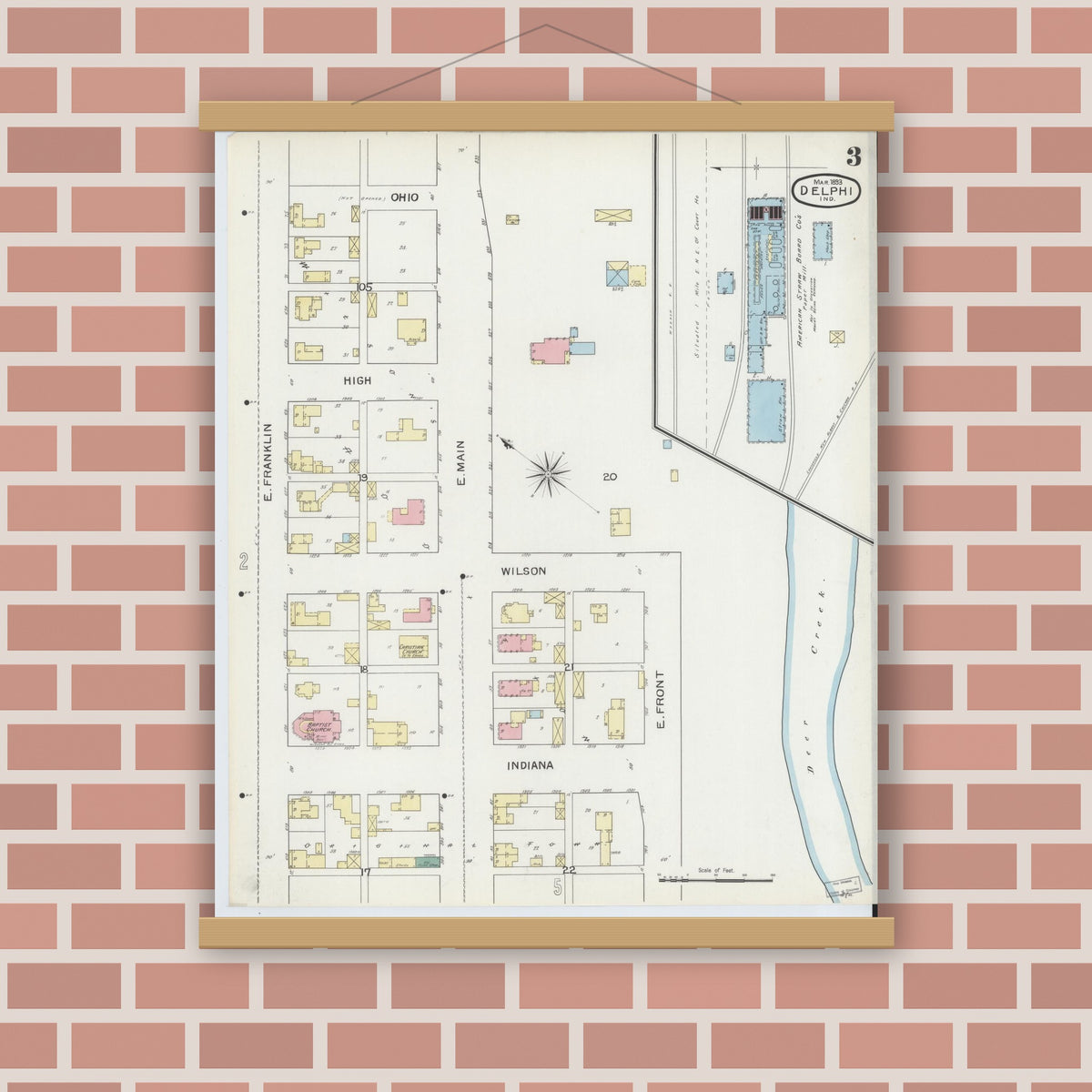 Old map wall art mockup — magnetic wood frame on brick wall — Sanborn Fire Insurance Map from Delphi, Carroll County, Indiana (1893), Sheet #0003