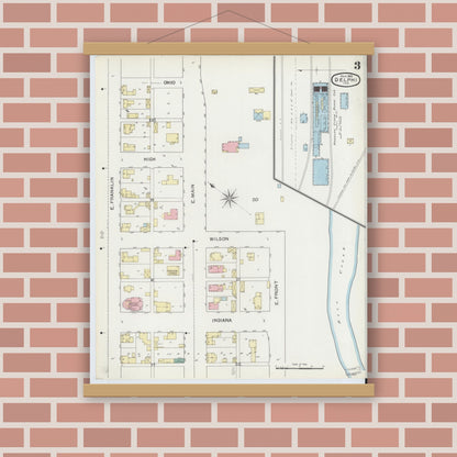 Old map wall art mockup — magnetic wood frame on brick wall — Sanborn Fire Insurance Map from Delphi, Carroll County, Indiana (1893), Sheet #0003