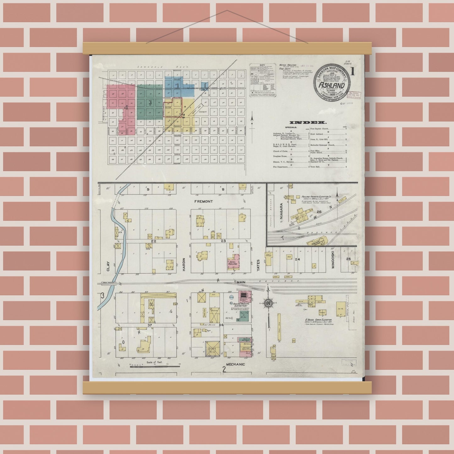 Old map wall art mockup — magnetic wood frame on brick wall — Sanborn Fire Insurance Map from Ashland, Cass County, Illinois (1909), Sheet #0001