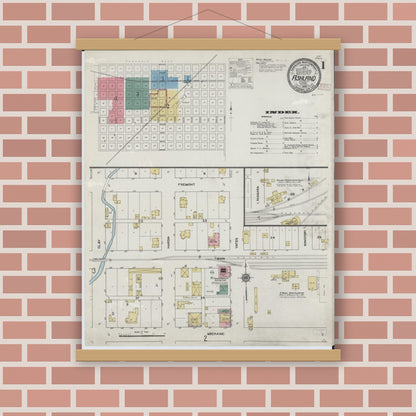 Old map wall art mockup — magnetic wood frame on brick wall — Sanborn Fire Insurance Map from Ashland, Cass County, Illinois (1909), Sheet #0001