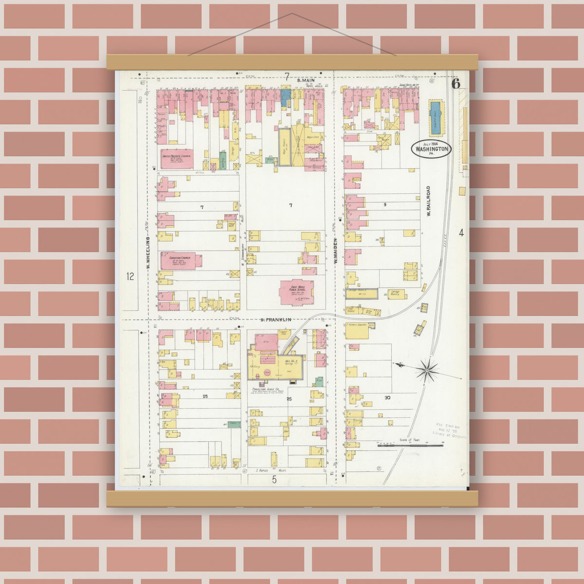 Old map wall art mockup — magnetic wood frame on brick wall — Sanborn Fire Insurance Map from Washington, Washington County, Pennsylvania (1904), Sheet #0006