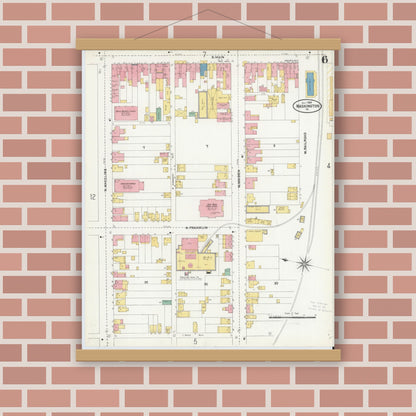 Old map wall art mockup — magnetic wood frame on brick wall — Sanborn Fire Insurance Map from Washington, Washington County, Pennsylvania (1904), Sheet #0006