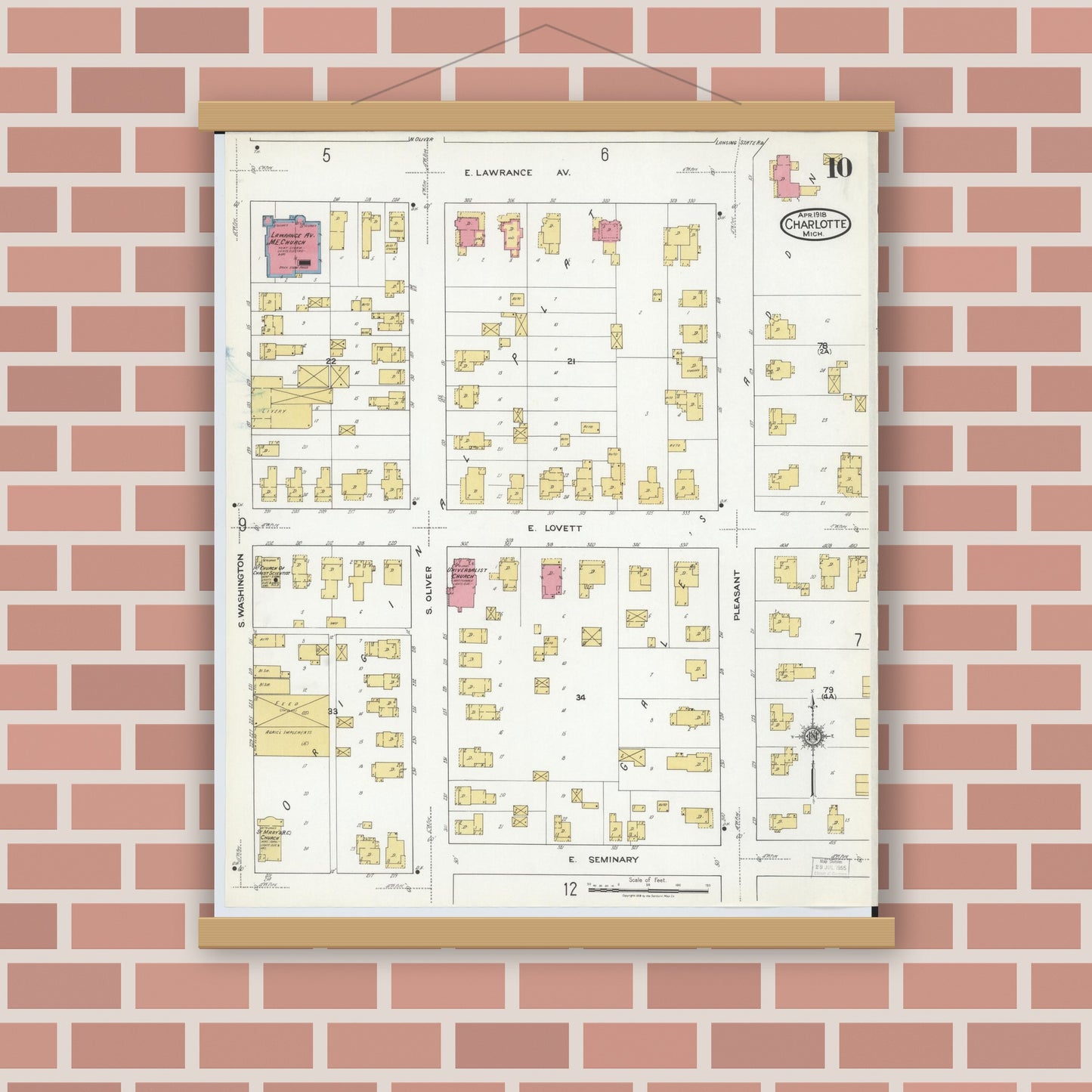 Old map wall art mockup — magnetic wood frame on brick wall — Sanborn Fire Insurance Map from Charlotte, Eaton County, Michigan (1918), Sheet #0010