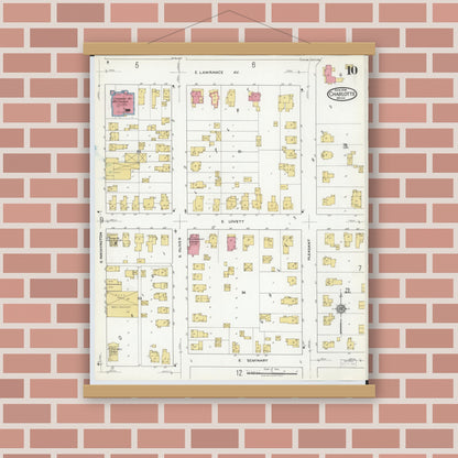 Old map wall art mockup — magnetic wood frame on brick wall — Sanborn Fire Insurance Map from Charlotte, Eaton County, Michigan (1918), Sheet #0010