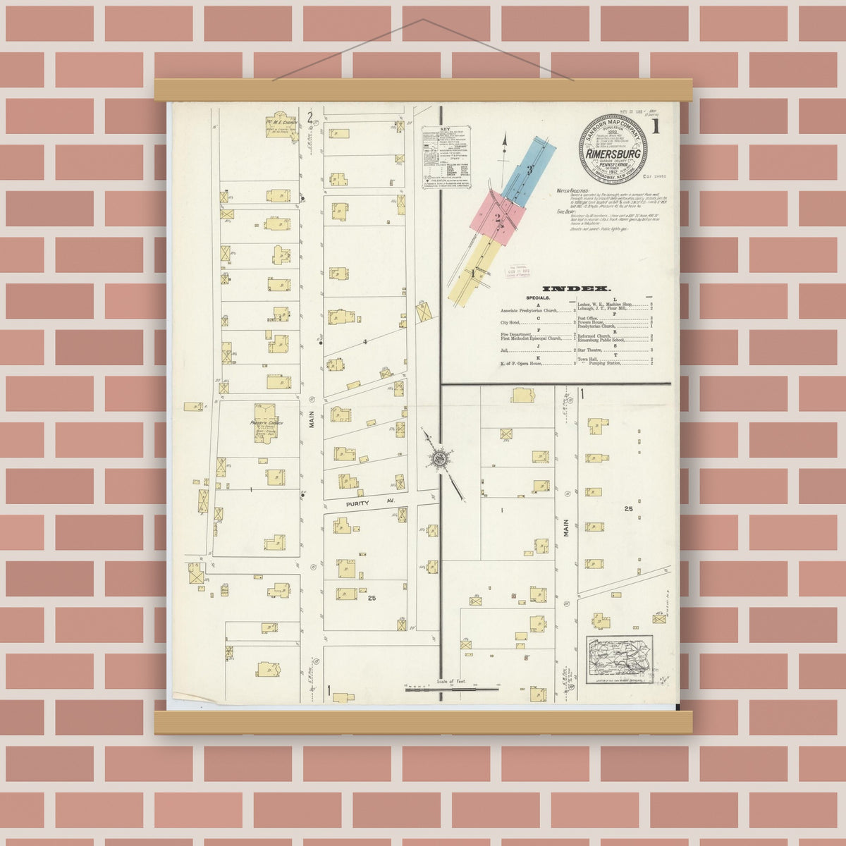Old map wall art mockup — magnetic wood frame on brick wall — Sanborn Fire Insurance Map from Rimersburg, Clarion County, Pennsylvania (1912) - Complete Map Set