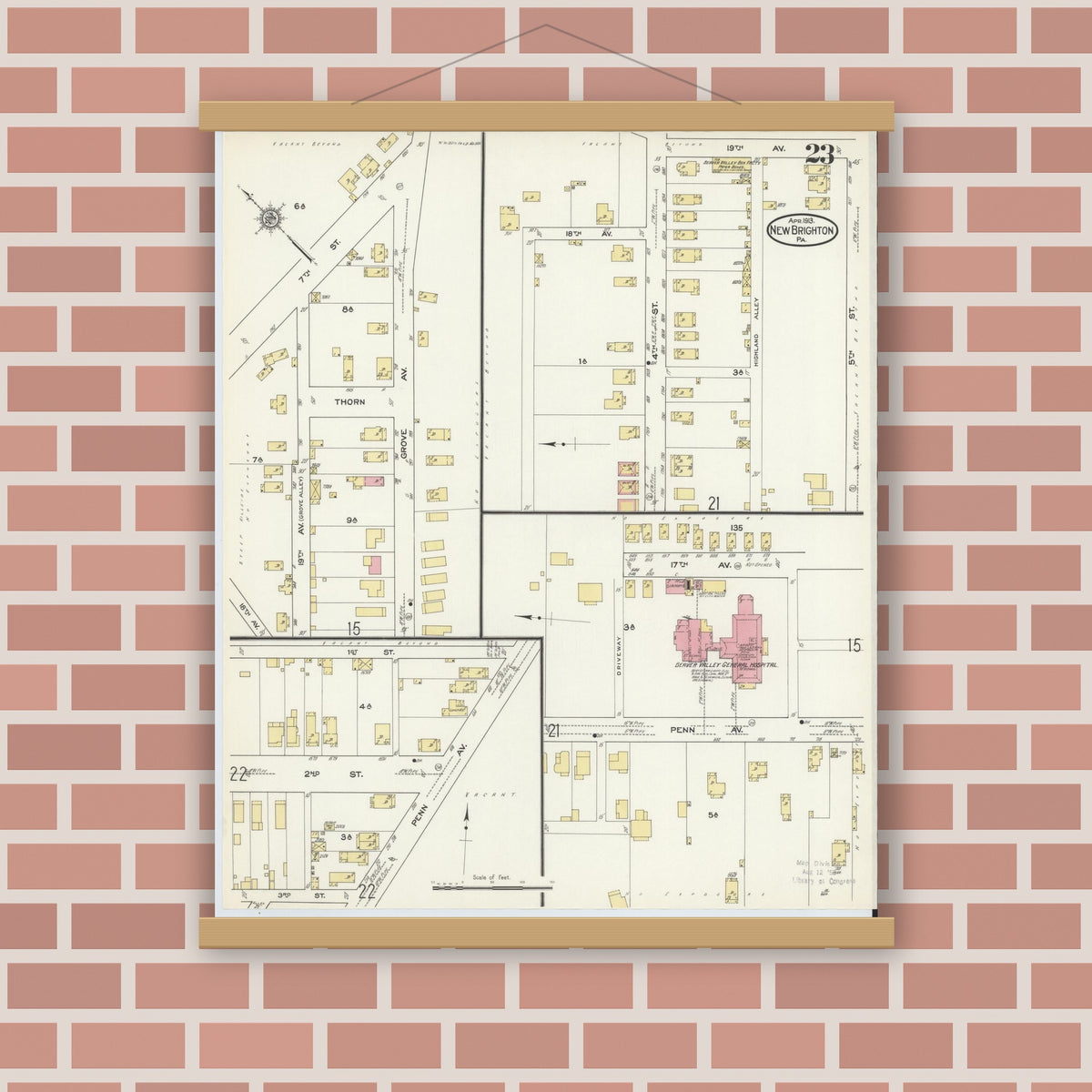 Old map wall art mockup — magnetic wood frame on brick wall — Sanborn Fire Insurance Map from New Brighton, Beaver County, Pennsylvania (1913), Sheet #0023