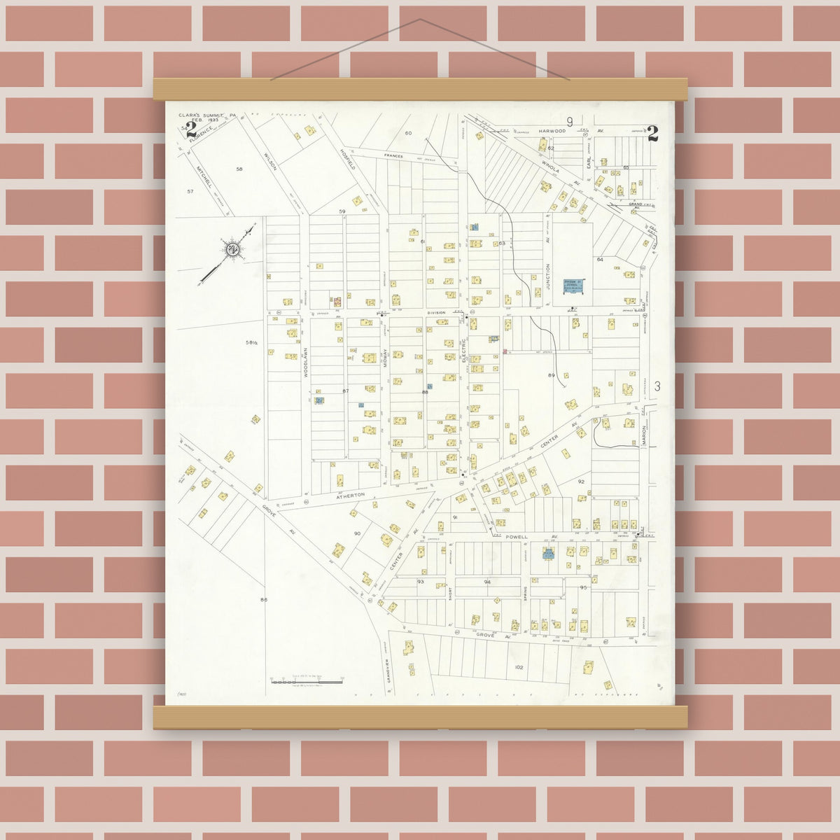 Old map wall art mockup — magnetic wood frame on brick wall — Sanborn Fire Insurance Map from Clark's Summit, Lackawanna County, Pennsylvania (1933) - Complete Map Set