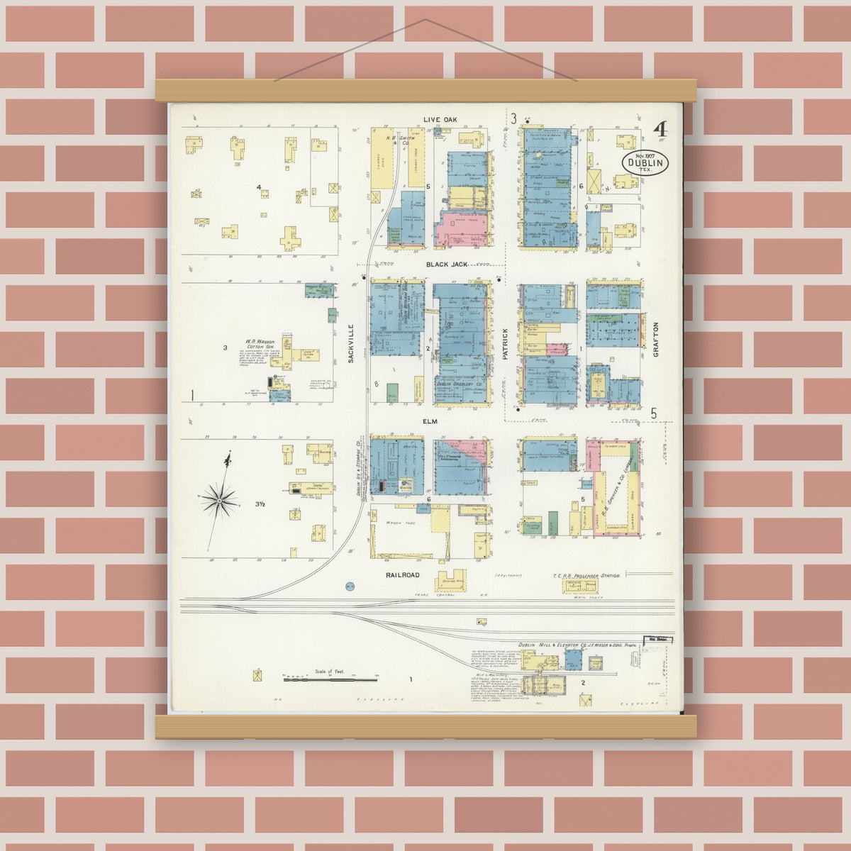Old map wall art mockup — magnetic wood frame on brick wall — Sanborn Fire Insurance Map from Dublin, Erath County, Texas (1907), Sheet #0004