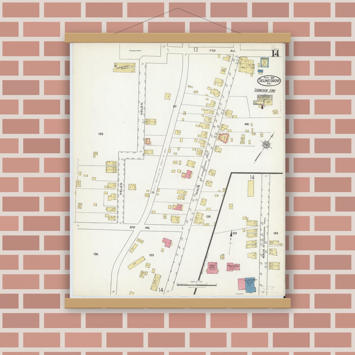 Old map wall art mockup — magnetic wood frame on brick wall — Sanborn Fire Insurance Map from Selins Grove, Snyder County, Pennsylvania (1921), Sheet #0014