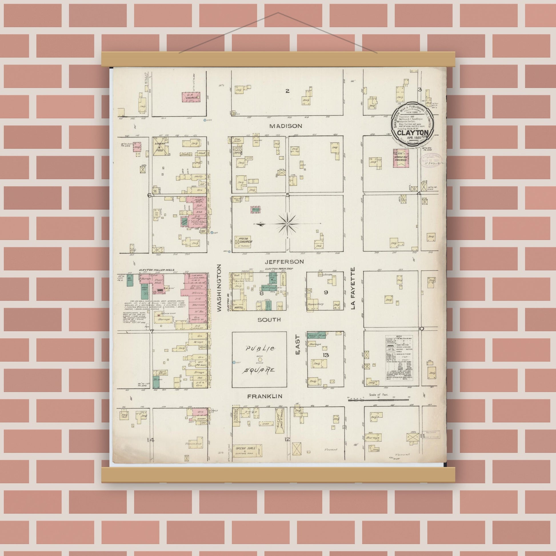 Old map wall art mockup — magnetic wood frame on brick wall — Sanborn Fire Insurance Map from Clayton, Adams County, Illinois (1885), Sheet #0001