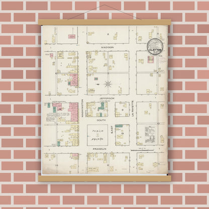 Old map wall art mockup — magnetic wood frame on brick wall — Sanborn Fire Insurance Map from Clayton, Adams County, Illinois (1885), Sheet #0001