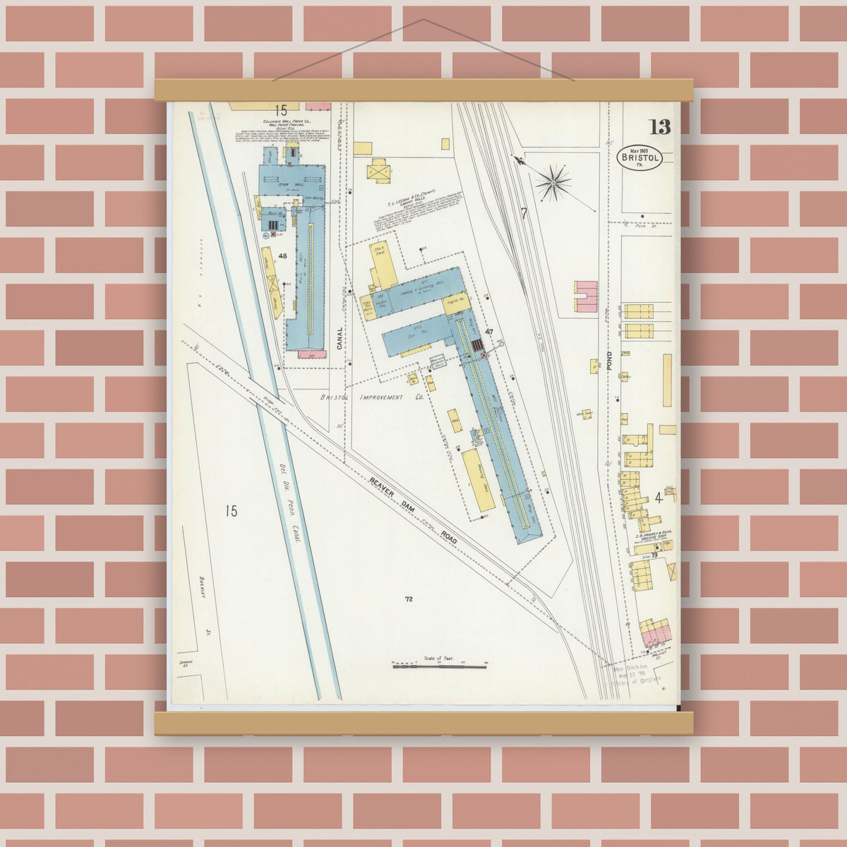Old map wall art mockup — magnetic wood frame on brick wall — Sanborn Fire Insurance Map from Bristol, Bucks County, Pennsylvania (1903), Sheet #0013