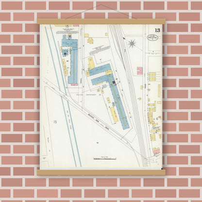 Old map wall art mockup — magnetic wood frame on brick wall — Sanborn Fire Insurance Map from Bristol, Bucks County, Pennsylvania (1903), Sheet #0013