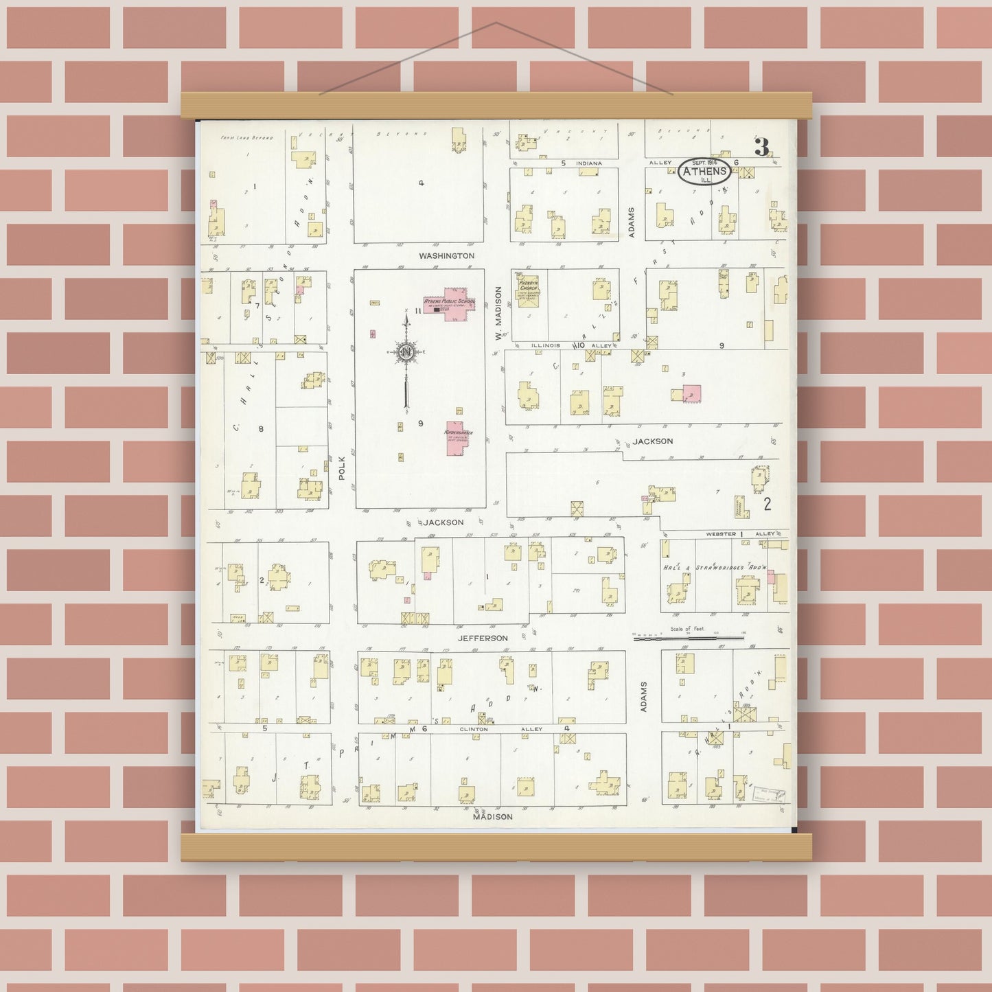 Old map wall art mockup — magnetic wood frame on brick wall — Sanborn Fire Insurance Map from Athens, Menard County, Illinois (1914), Sheet #0003