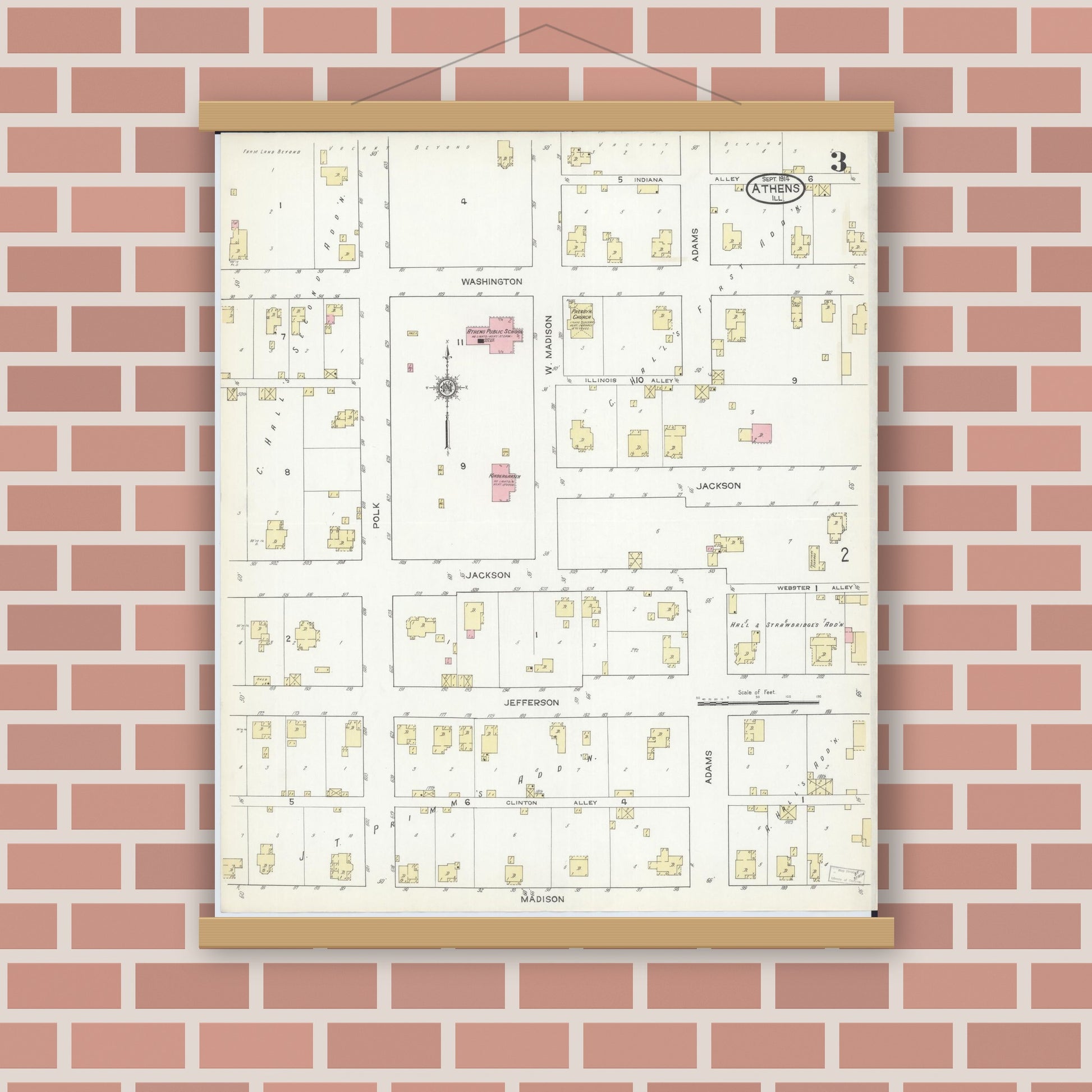 Old map wall art mockup — magnetic wood frame on brick wall — Sanborn Fire Insurance Map from Athens, Menard County, Illinois (1914), Sheet #0003