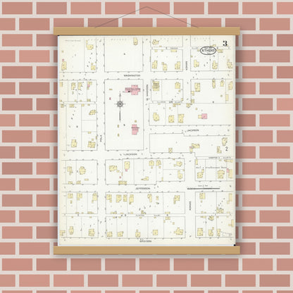 Old map wall art mockup — magnetic wood frame on brick wall — Sanborn Fire Insurance Map from Athens, Menard County, Illinois (1914), Sheet #0003