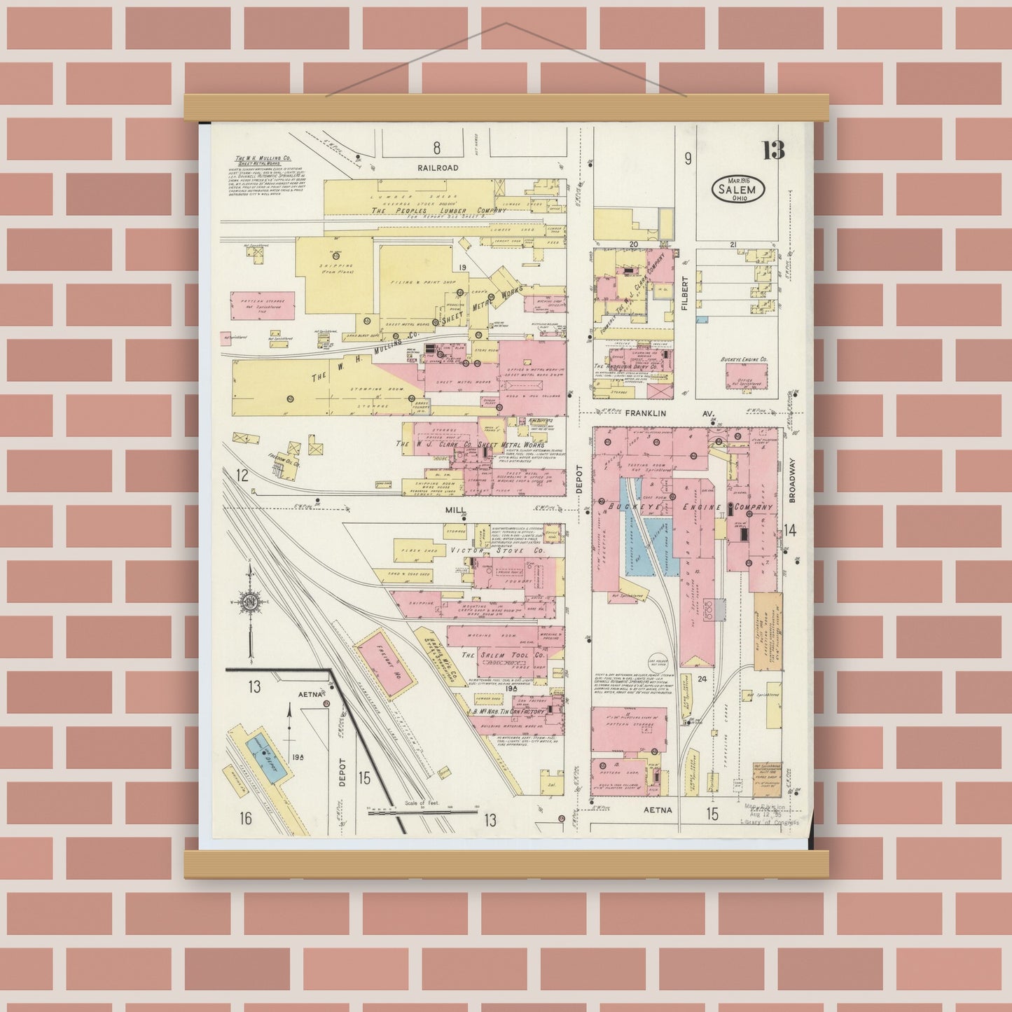 Old map wall art mockup — magnetic wood frame on brick wall — Sanborn Fire Insurance Map from Salem, Columbiana County, Ohio (1915), Sheet #0013