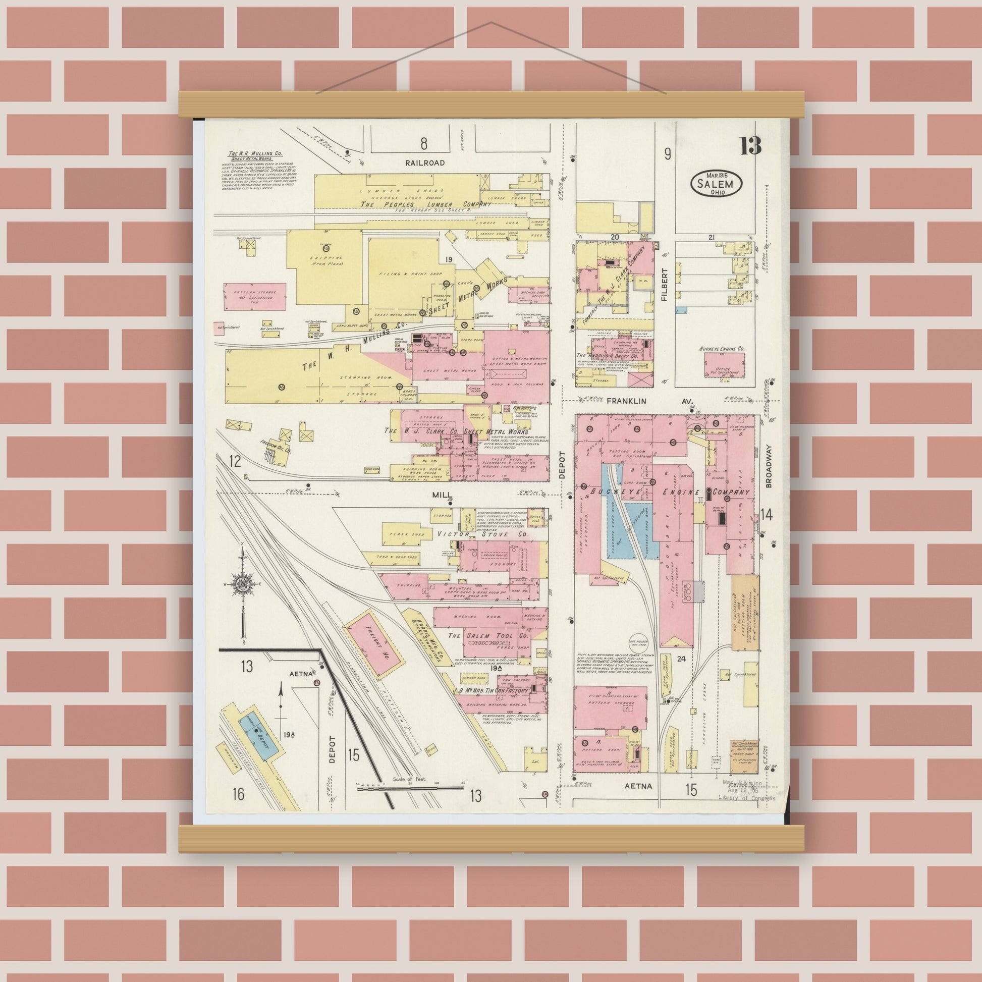 Old map wall art mockup — magnetic wood frame on brick wall — Sanborn Fire Insurance Map from Salem, Columbiana County, Ohio (1915), Sheet #0013