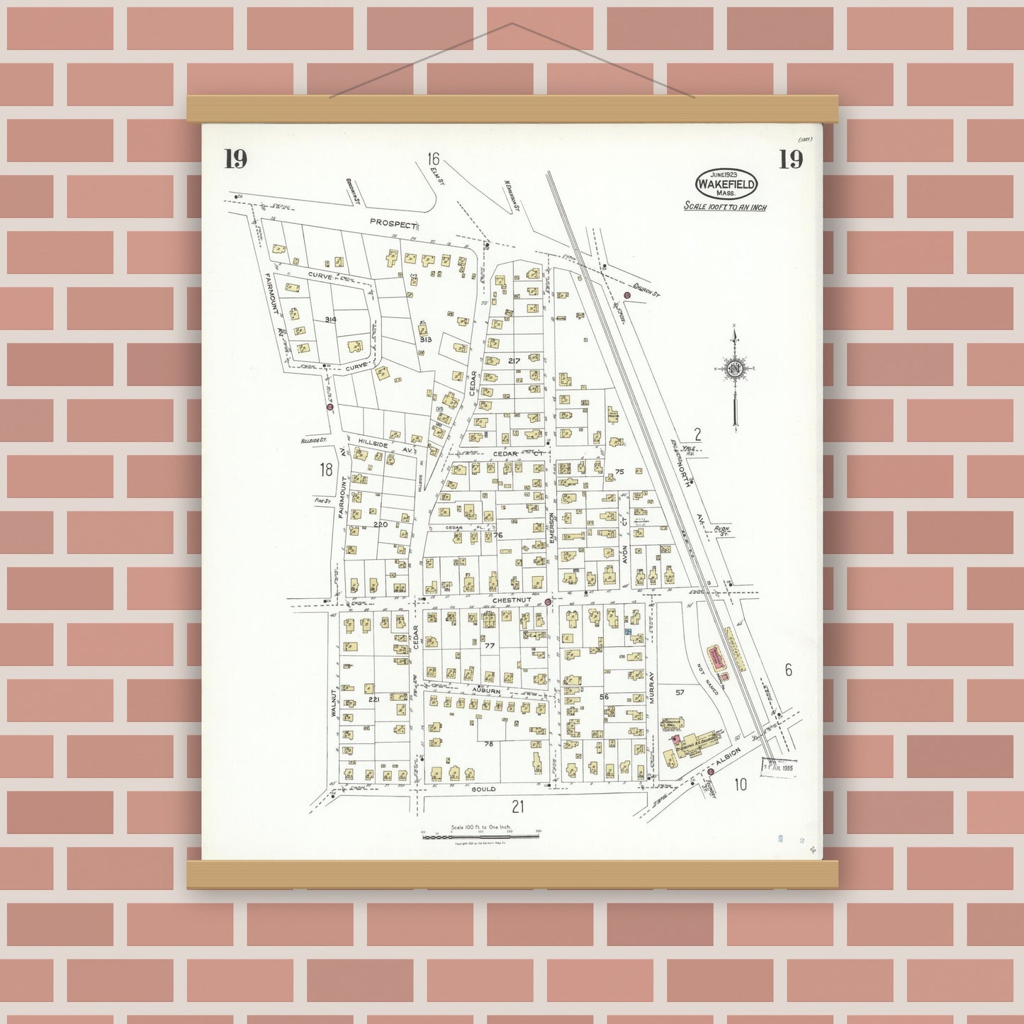 Old map wall art mockup — magnetic wood frame on brick wall — Sanborn Fire Insurance Map from Wakefield, Middlesex County, Massachusetts (1923), Sheet #0019