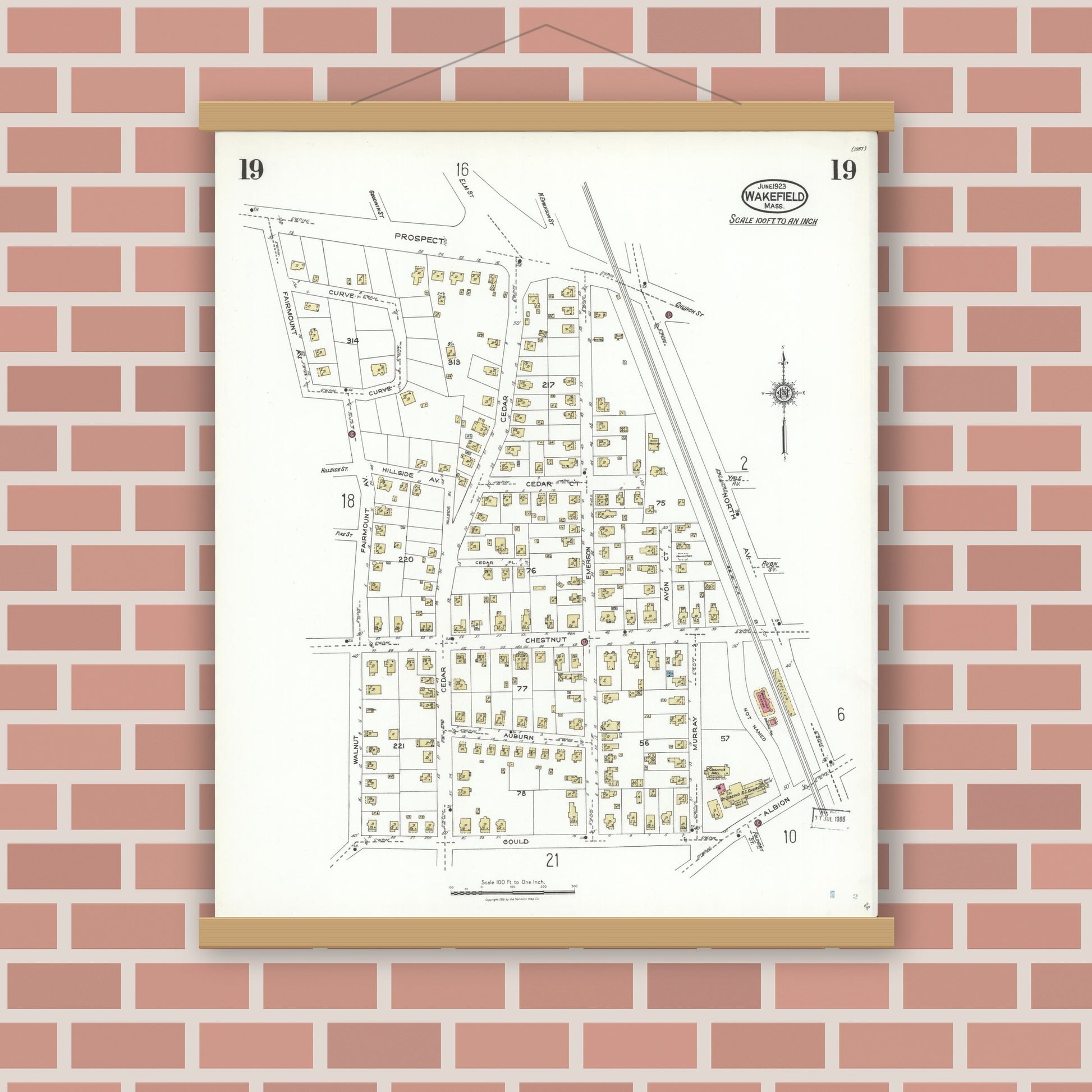 Old map wall art mockup — magnetic wood frame on brick wall — Sanborn Fire Insurance Map from Wakefield, Middlesex County, Massachusetts (1923), Sheet #0019