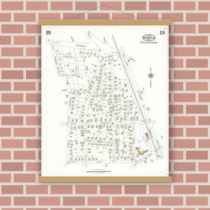 Old map wall art mockup — magnetic wood frame on brick wall — Sanborn Fire Insurance Map from Wakefield, Middlesex County, Massachusetts (1923), Sheet #0019