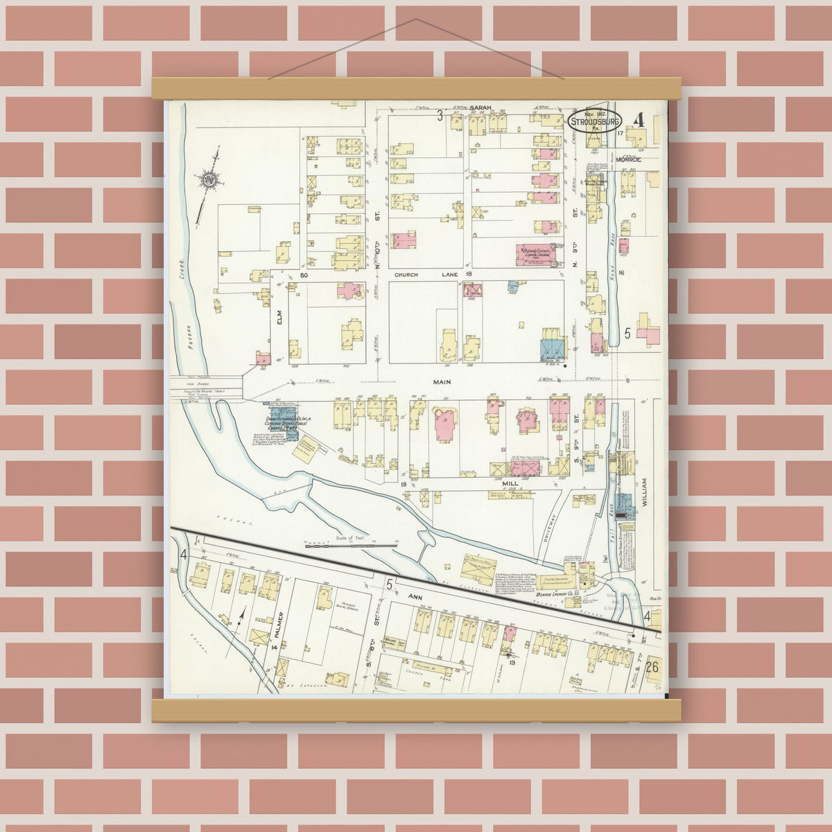 Old map wall art mockup — magnetic wood frame on brick wall — Sanborn Fire Insurance Map from Stroudsburg, Monroe County, Pennsylvania (1912), Sheet #0004