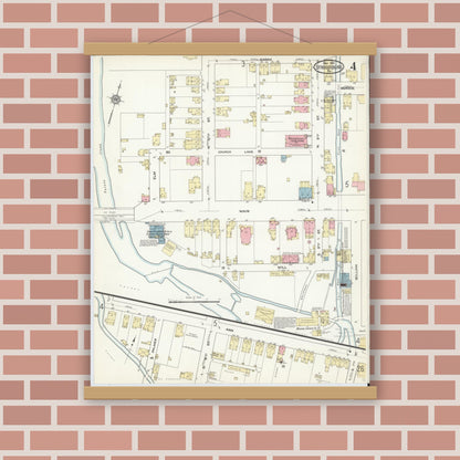 Old map wall art mockup — magnetic wood frame on brick wall — Sanborn Fire Insurance Map from Stroudsburg, Monroe County, Pennsylvania (1912), Sheet #0004
