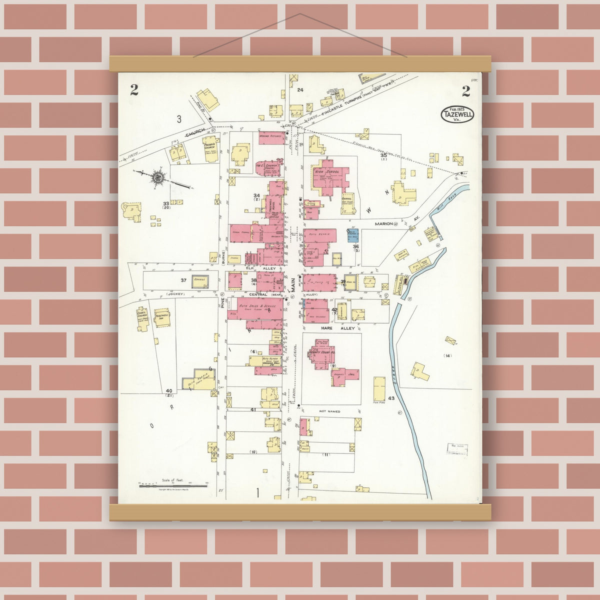 Old map wall art mockup — magnetic wood frame on brick wall — Sanborn Fire Insurance Map from Tazewell, Tazewell County, Virginia (1923), Sheet #0002
