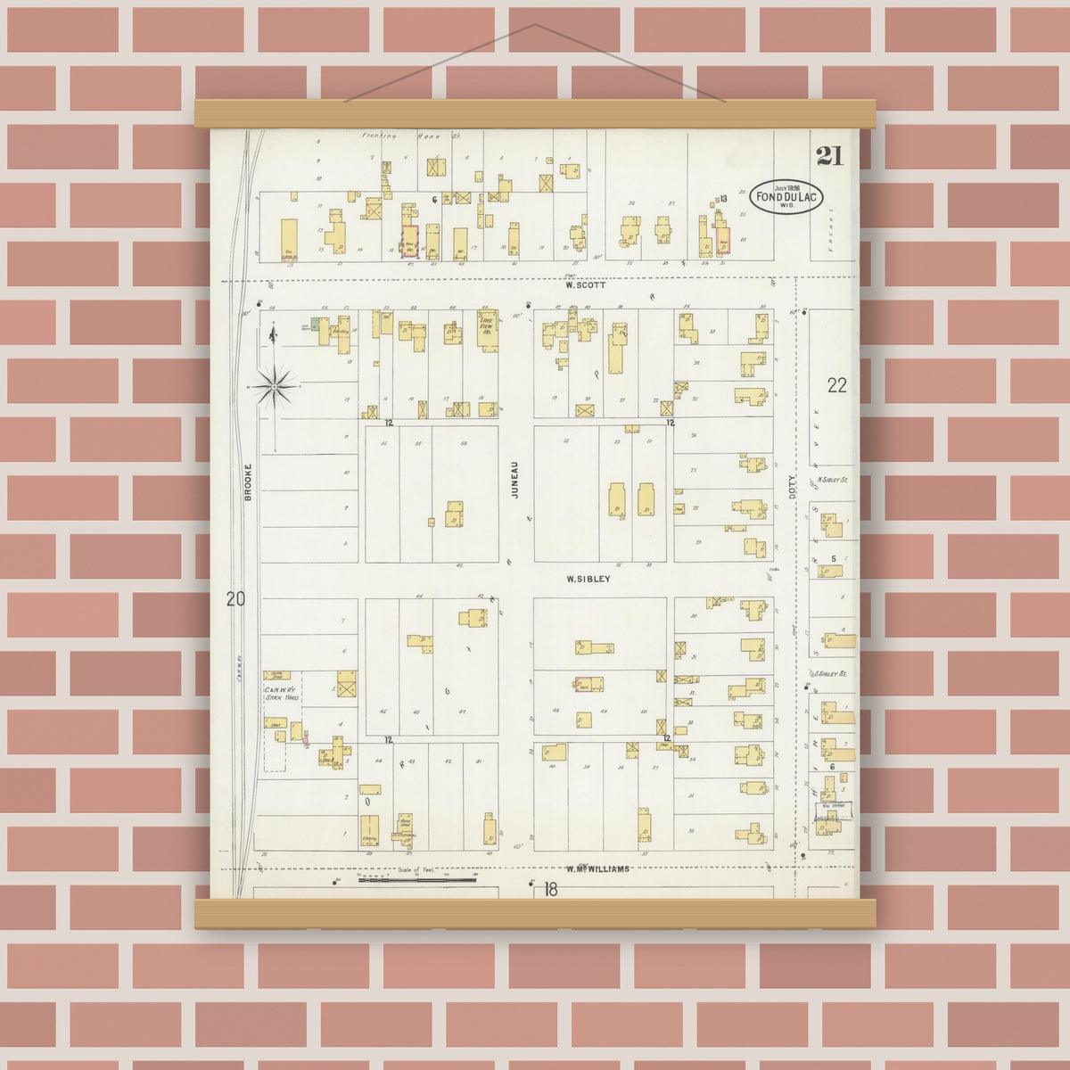 Old map wall art mockup — magnetic wood frame on brick wall — Sanborn Fire Insurance Map from Fond du Lac, Fond du Lac County, Wisconsin (1898), Sheet #0021