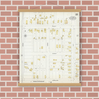 Old map wall art mockup — magnetic wood frame on brick wall — Sanborn Fire Insurance Map from Fond du Lac, Fond du Lac County, Wisconsin (1898), Sheet #0021