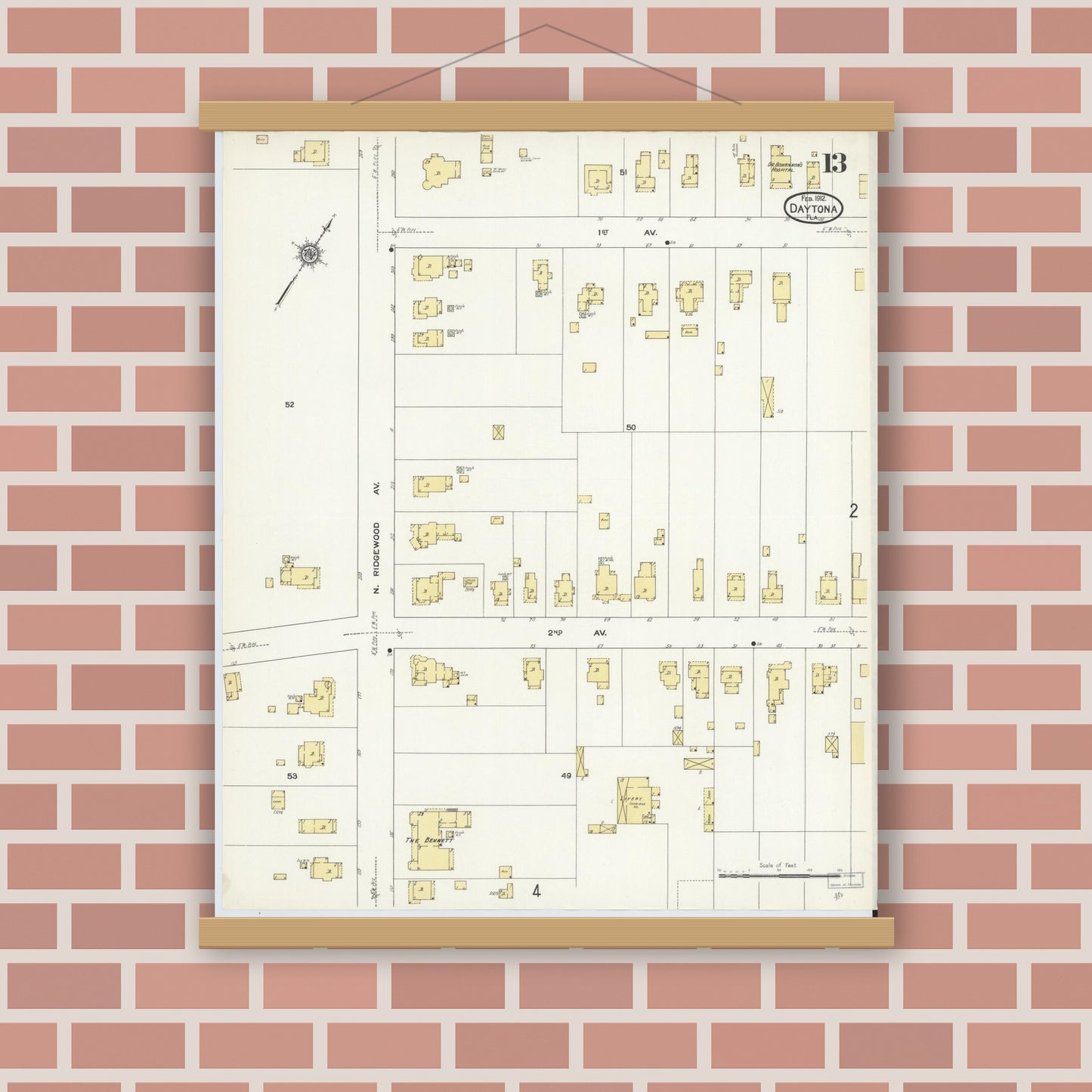 Old map wall art mockup — magnetic wood frame on brick wall — Sanborn Fire Insurance Map from Daytona, Volusia County, Florida (1912), Sheet #0013