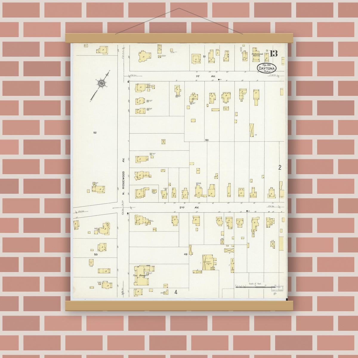Old map wall art mockup — magnetic wood frame on brick wall — Sanborn Fire Insurance Map from Daytona, Volusia County, Florida (1912), Sheet #0013