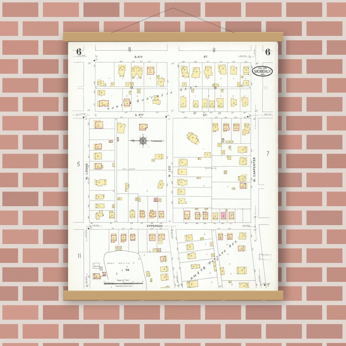 Old map wall art mockup — magnetic wood frame on brick wall — Sanborn Fire Insurance Map from Moberly, Randolph County, Missouri (1923), Sheet #0006