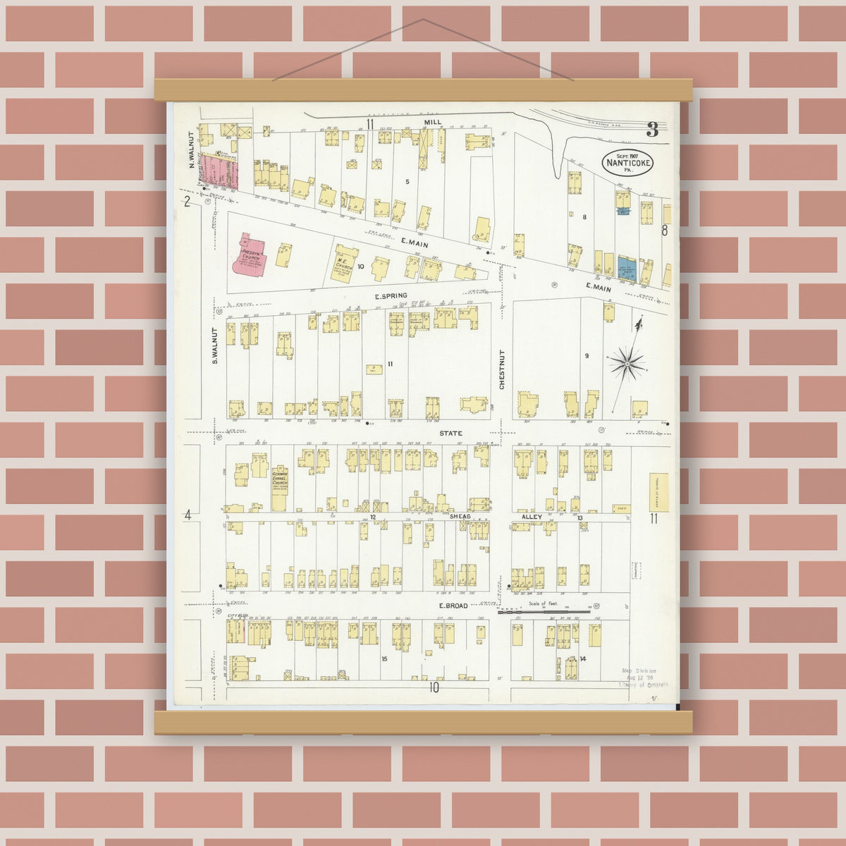 Old map wall art mockup — magnetic wood frame on brick wall — Sanborn Fire Insurance Map from Nanticoke, Luzerne County, Pennsylvania (1907), Sheet #0003