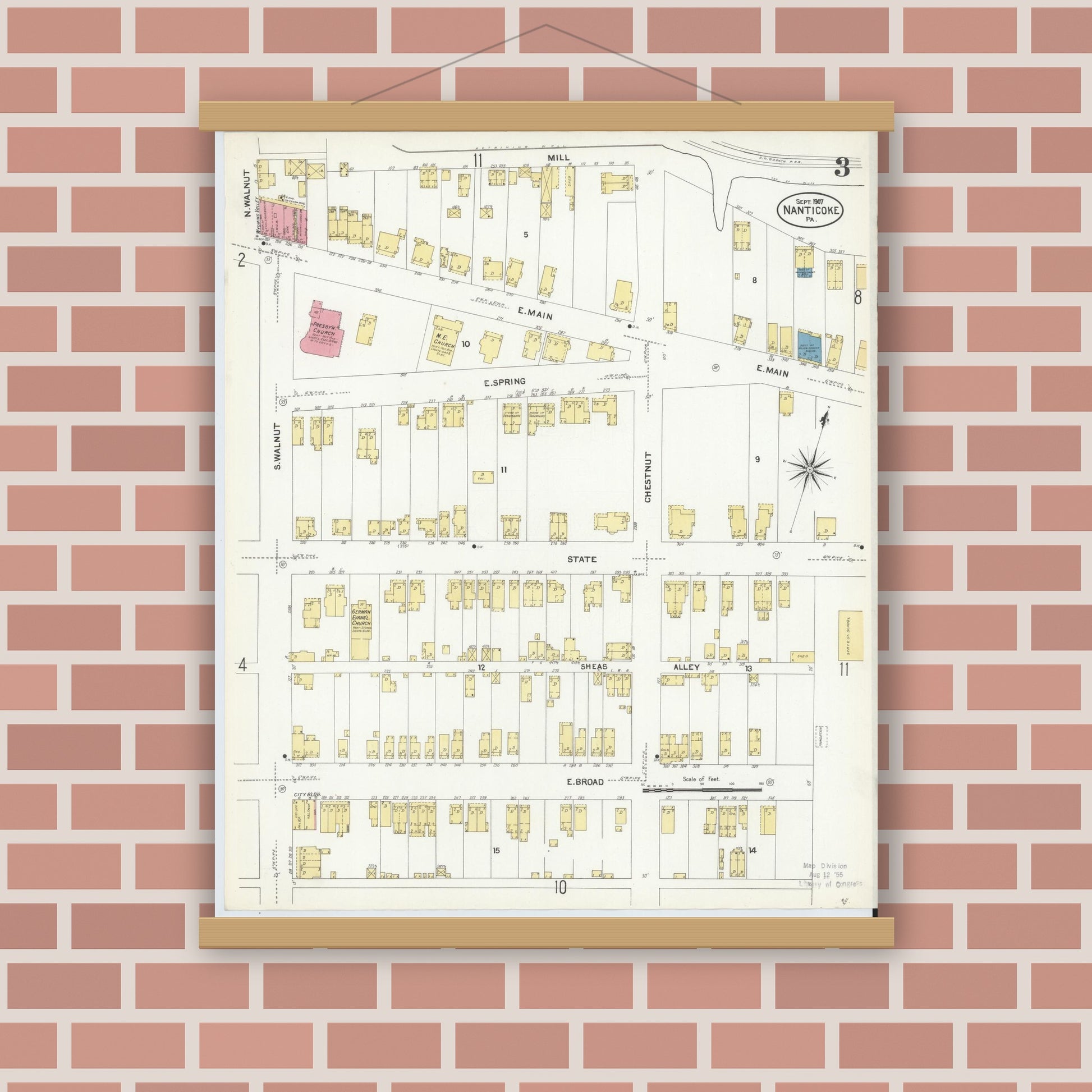 Old map wall art mockup — magnetic wood frame on brick wall — Sanborn Fire Insurance Map from Nanticoke, Luzerne County, Pennsylvania (1907), Sheet #0003