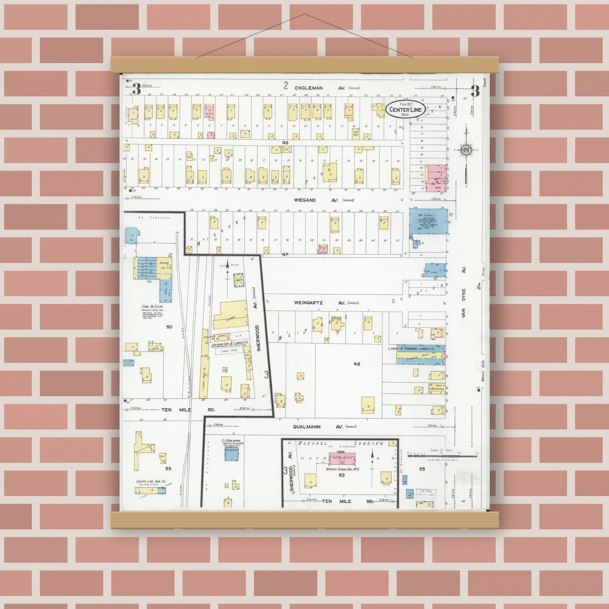 Old map wall art mockup — magnetic wood frame on brick wall — Sanborn Fire Insurance Map from Center Line, Macomb County, Michigan (1927), Sheet #0003