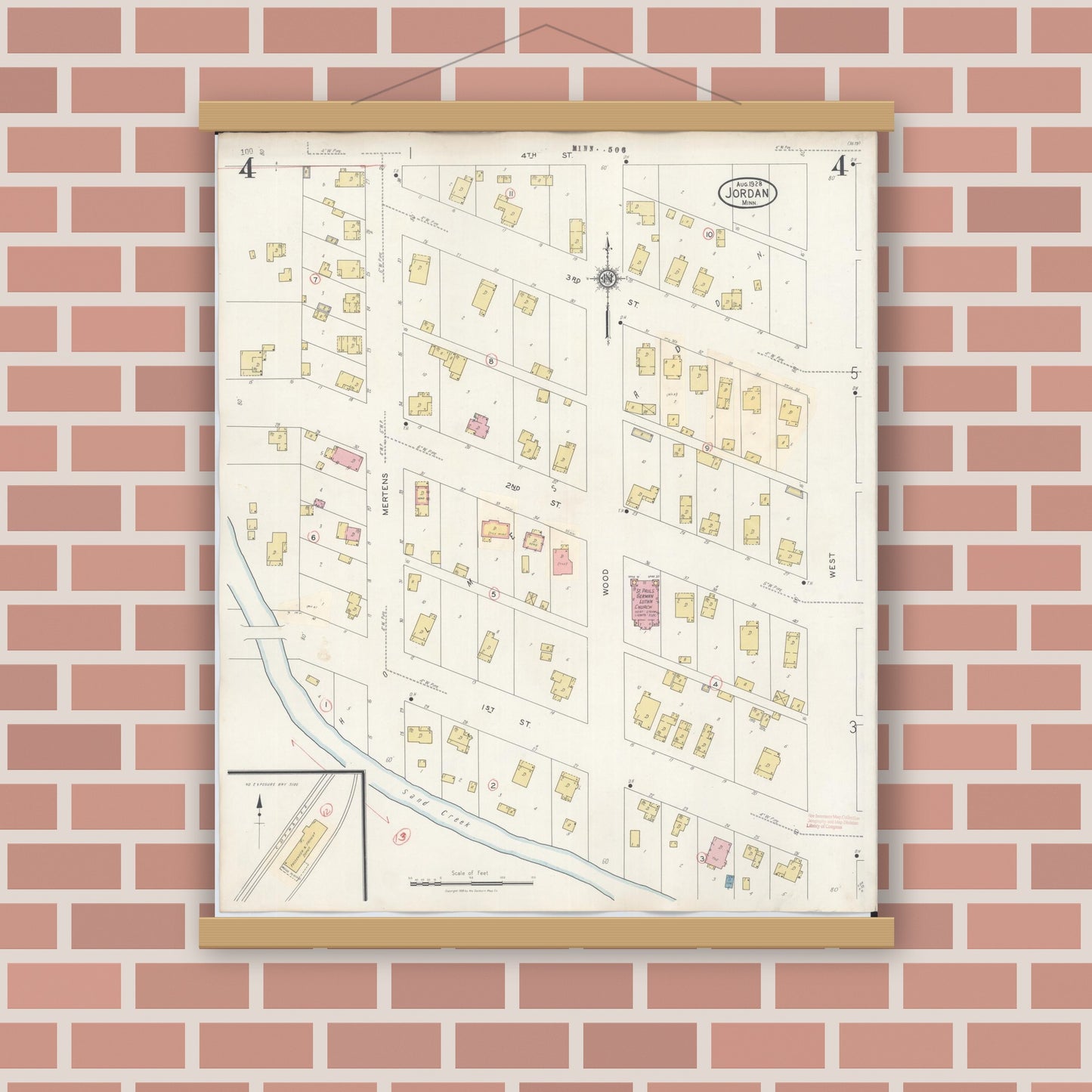 Old map wall art mockup — magnetic wood frame on brick wall — Sanborn Fire Insurance Map from Jordan, Scott County, Minnesota (1933), Sheet #0004
