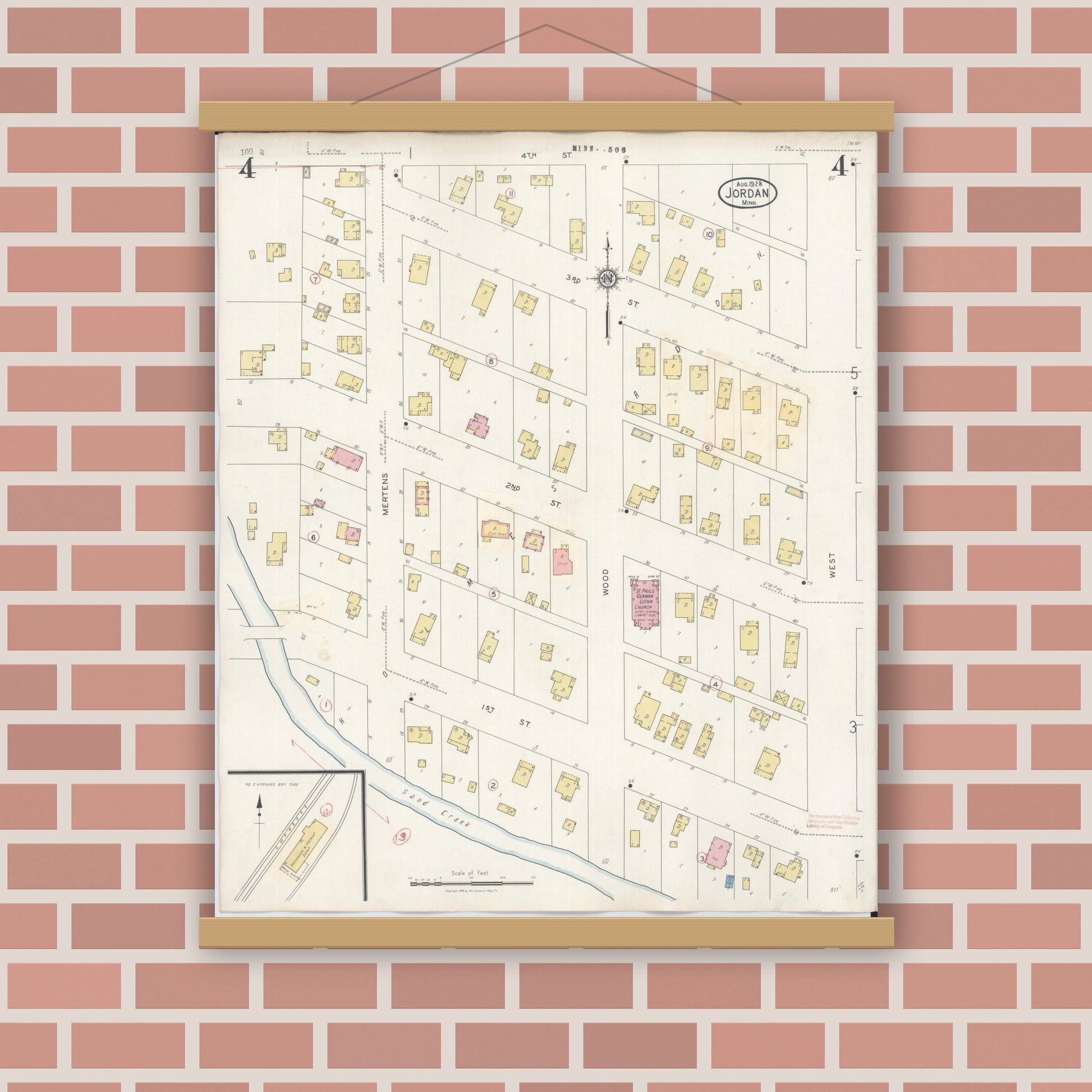 Old map wall art mockup — magnetic wood frame on brick wall — Sanborn Fire Insurance Map from Jordan, Scott County, Minnesota (1933), Sheet #0004