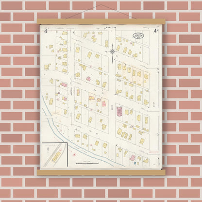 Old map wall art mockup — magnetic wood frame on brick wall — Sanborn Fire Insurance Map from Jordan, Scott County, Minnesota (1933), Sheet #0004