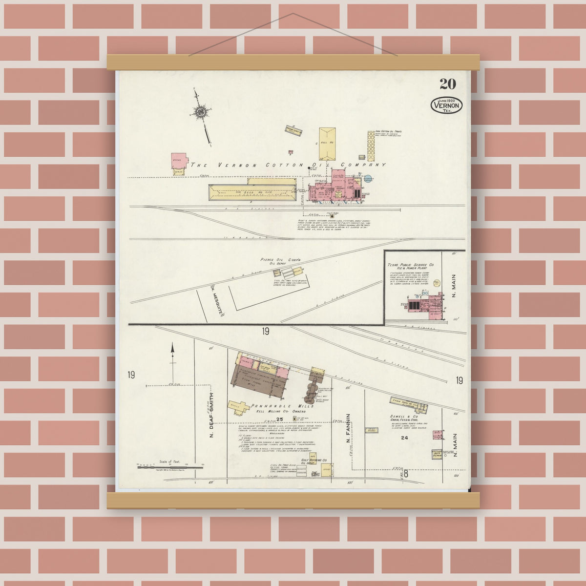 Old map wall art mockup — magnetic wood frame on brick wall — Sanborn Fire Insurance Map from Vernon, Wilbarger County, Texas (1920), Sheet #0020