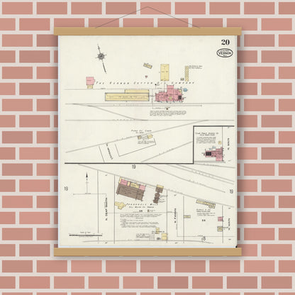 Old map wall art mockup — magnetic wood frame on brick wall — Sanborn Fire Insurance Map from Vernon, Wilbarger County, Texas (1920), Sheet #0020