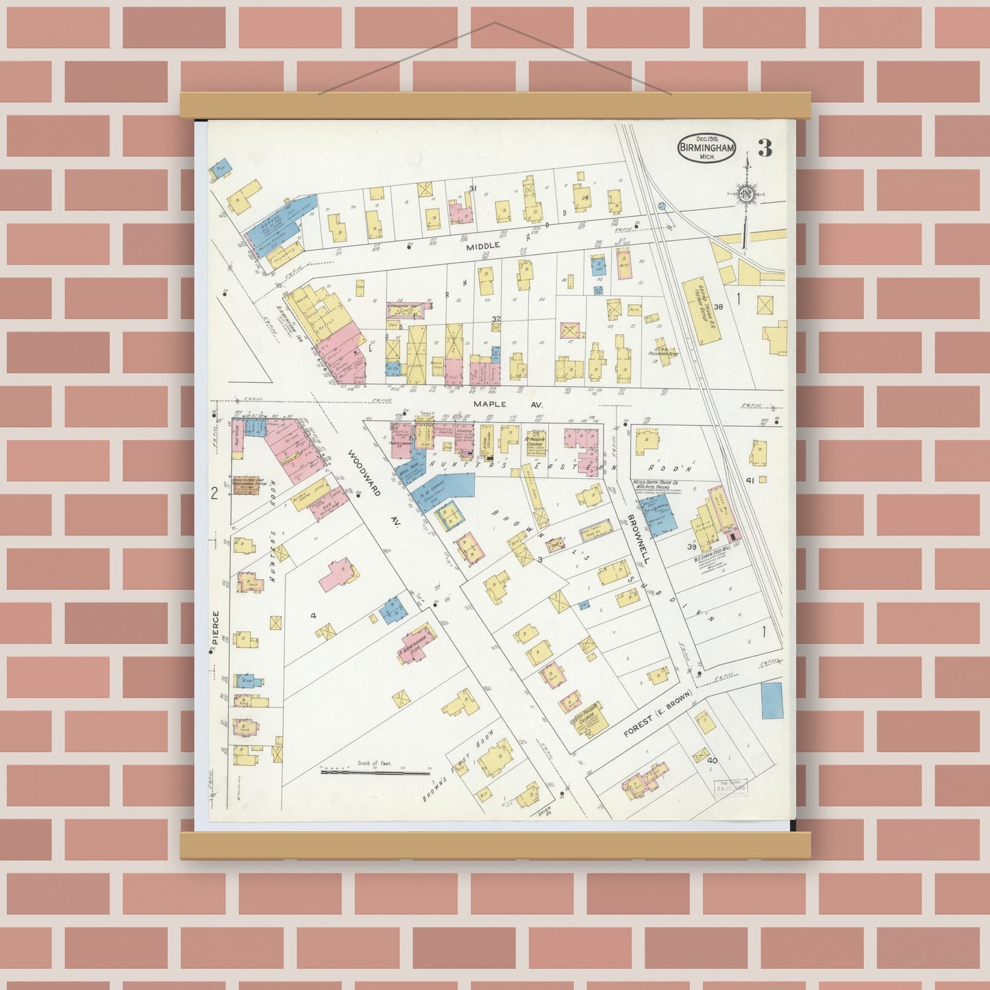 Old map wall art mockup — magnetic wood frame on brick wall — Sanborn Fire Insurance Map from Birmingham, Oakland County, Michigan (1915), Sheet #0003